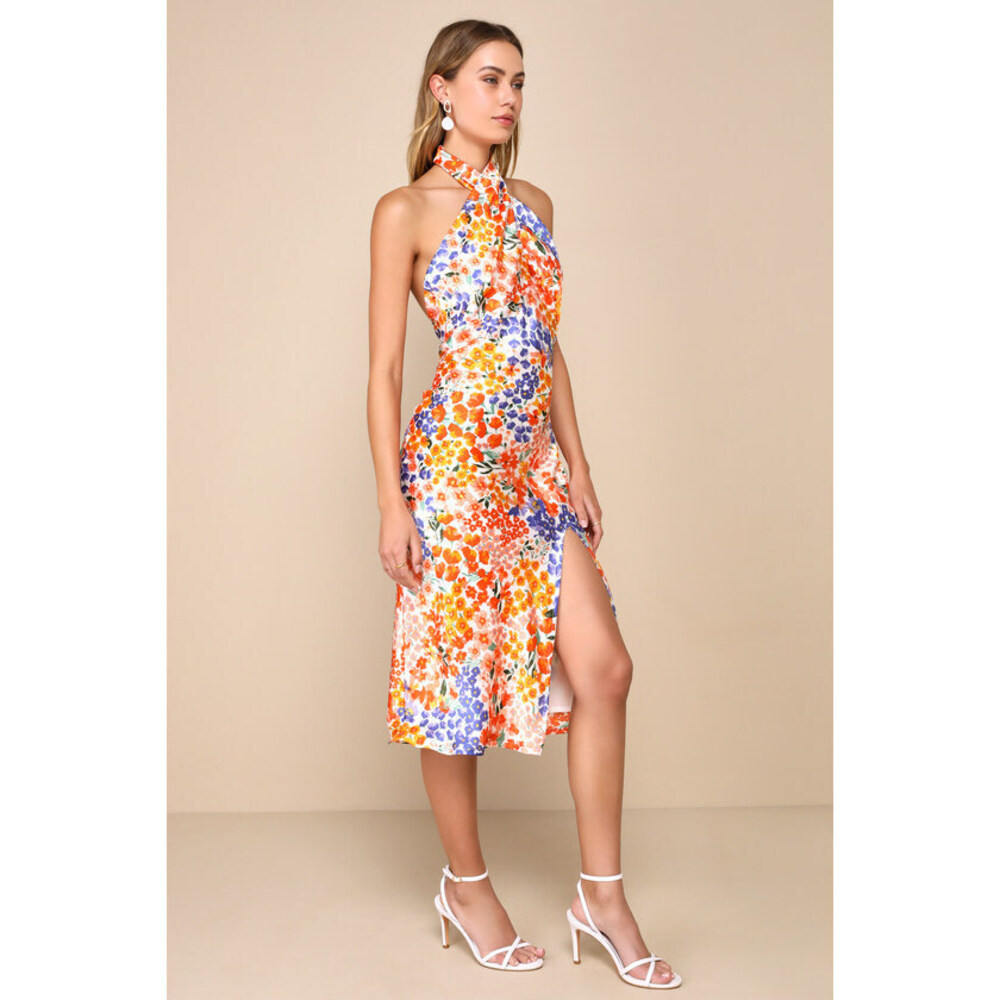 Lulus Bold Presence Orange Multi Floral Satin Halter Midi Dress - Size XL
